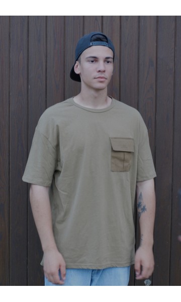 Asker Yeşili Erkek Oversize Basic Cepli Tişört (Zara)