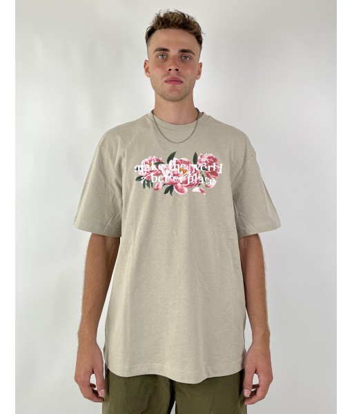 Bej Flower Yard Baskılı Erkek Oversize Tişört