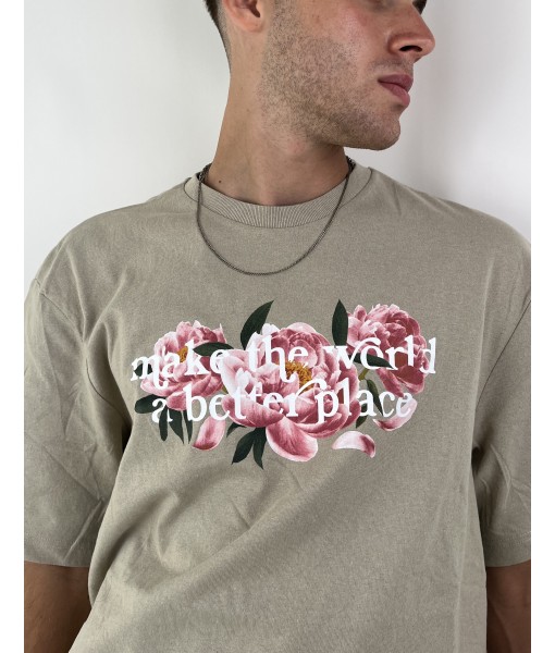 Bej Flower Yard Baskılı Erkek Oversize Tişört
