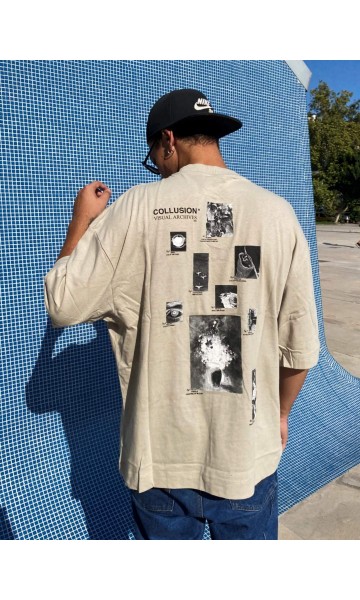 Bej Collusion Visual Archives Baskılı Oversize Erkek Kadın Tişört