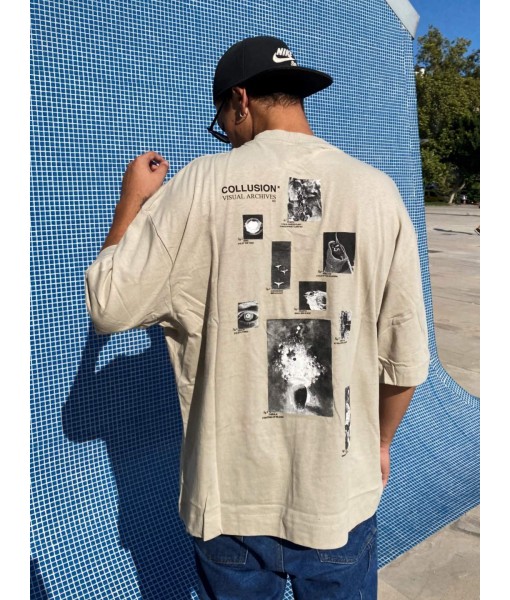 Bej Collusion Visual Archives Baskılı Oversize Erkek Kadın Tişört