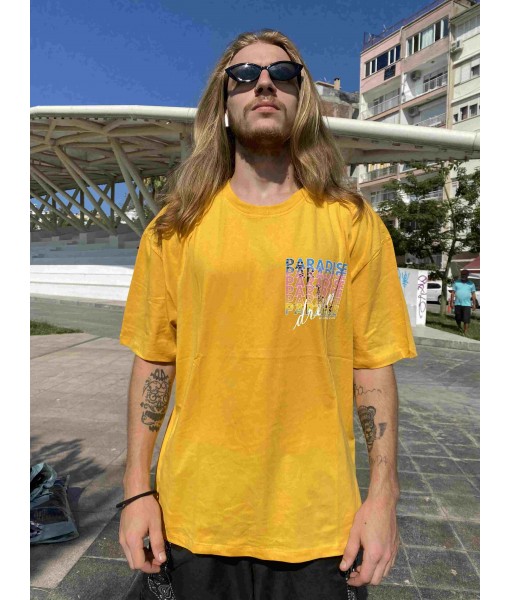 Sarı Paradise Palm California Baskılı Oversize Erkek Kadın Tişört