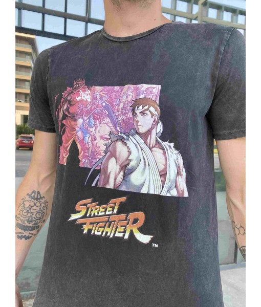 Siyah Yıkamalı Street Fighter Regular Fit Erkek Kadın Tişört